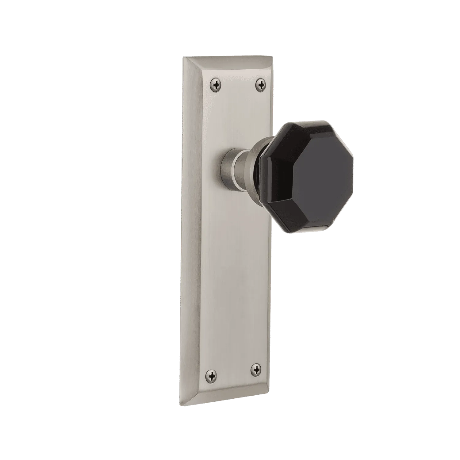 New York Long Plate with Black Waldorf Knob in Satin Nickel